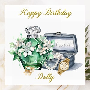 PARFUM Flasche Geburtstagskarte-PERSONALISIERT-Elegante EMERALD grüne Duftflasche-Schmuckbox-Uhr-Gänseblümchen Ring-Weiblicher Geburtstag Karte-Parfüm