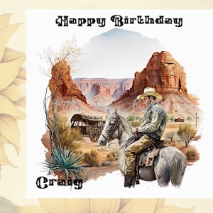 COWBOY on Horseback Birthday Card-PERSONALISED-Watercolour Wild West Birthday Card-Cowboy with Horse on Rocky Background-Male Birthday Card
