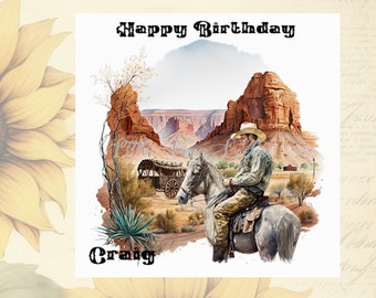 Cartão de aniversário COWBOY a cavalo - PERSONALIZADO - Cartão de aniversário do Velho Oeste em aquarela - Cowboy com cavalo em fundo rochoso - Cartão de aniversário masculino