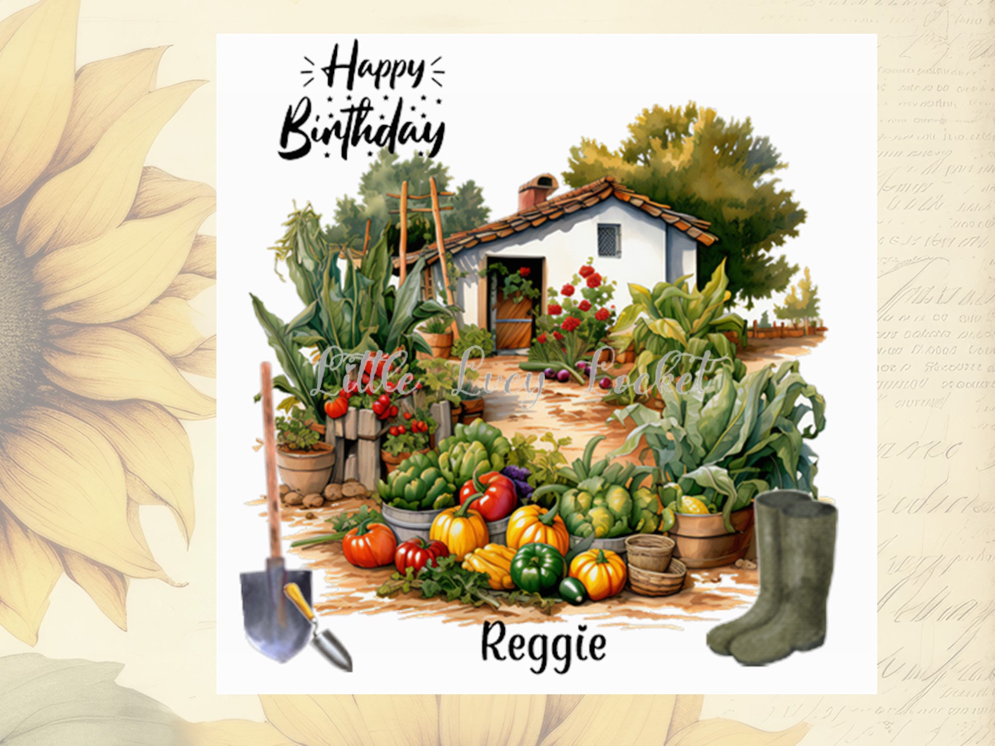 Vegetable Garden Birthday Card-PERSONALISED-Vibrant Watercolour Scene-Unisex Birthday-Boots Spade-Veggie Plot-Peppers-Pumpkins-Shrubs-Roses