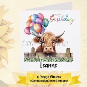 Carte d'anniversaire vache Highland-personnalisée-6 Design choix-peeking Highland vache-vache-cheveux colorés ballons-carte d'anniversaire vache unisexe-génisse