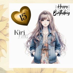 Carte d'anniversaire fille ANIME-personnalisée-en option âge-veste en jean fille avec ballon-anniversaire-adolescent-manga-femme anniversaire-fille-japonime-adolescent