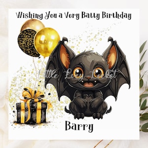 Tarjeta de cumpleaños de murciélago - Lindo murciélago - Regalo / Globos Tarjeta de cumpleaños de murciélago - PERSONALIZADA - Deseos de cumpleaños de murciélago - Tarjeta de cumpleaños de murciélago - Tarjeta de animal con purpurina impresa