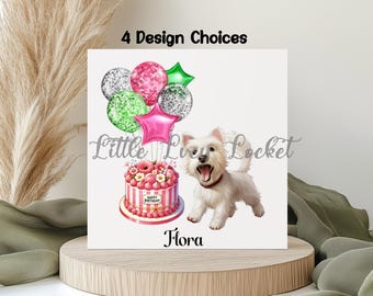 Dog Birthday Card: 4 Design Choices, Watercolor West Highland Terrier with Balloons and Cake, Personalised