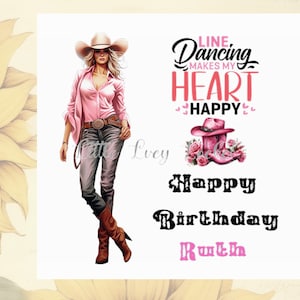 Carte d'anniversaire danseuse de ligne-personnalisée-aquarelle cow-girl-chemise rose et jean-chapeau de cowboy et bottes-carte d'anniversaire femme-slogan de danse en ligne