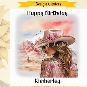 Carte d'anniversaire COWGIRL-personnalisée-4 Design choix-désert-Glam Cowgirl-Cowboy chapeau-ligne danseuse carte d'anniversaire-Wild West-rodéo-style western