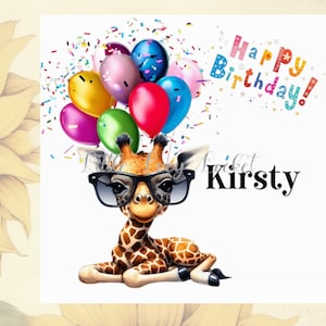 Niedliche GIRAFFE Geburtstagskarte-PERSONALISIERT-Giraffe in Brille-Bunte Luftballons-Lustige Tierkarte-Brille-liegendes Giraffenkalb Geburtstagskarte