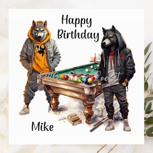 SNOOKER Playing WOLVES Birthday Card-PERSONALISED-Wolves Playing Snooker/Pool-Unisex Card-Pub Games-Wolf Birthday-Wolves Night Out Card-Male