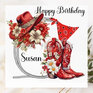Bottes de cowboy florales ROUGE & chapeau-Cowgirl carte d'anniversaire personnalisée-ligne danse Bottes de cow-girl anniversaire-carte de chapeau pour danseur en ligne-chapeau de cow-girl