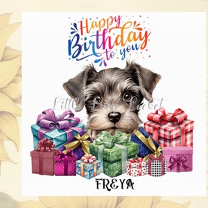 SCHNAUZER Birthday Card-PERSONALISED-Watercolour Images-Schnauzer with Colourful Birthday Gifts-Peeking Schnauzer-Dog Lover Birthday Card