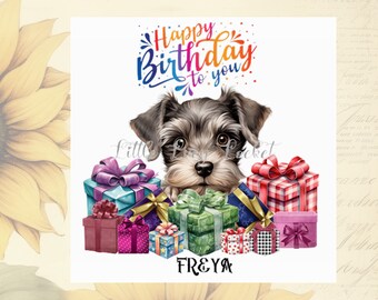 Personalized Schnauzer Birthday Card: Watercolor Dog with Gifts
