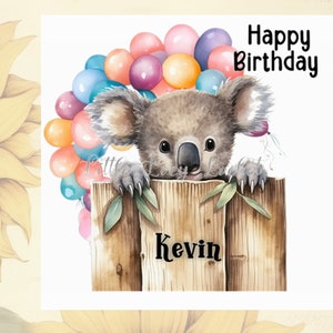 KOALA Geburtstagskarte-PERSONALISIERT-Peeking Koalabär mit Ballons-Beuteltier-Tier Geburtstagskarte-süße Beutel-Säugetier-Aquarell Koala Karte