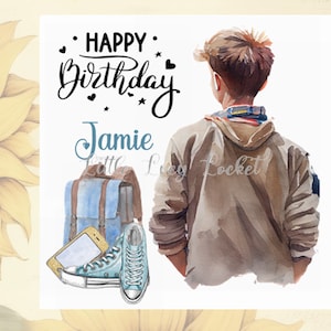 Tarjeta de cumpleaños personalizada para él-ADOLESCENTE-Mochila, zapatillas y teléfono móvil-Imagen en acuarela-Tarjeta para niño/joven/masculino-Cumpleaños de adolescente