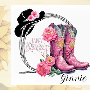 Bottes de cowboy et chapeau de cow-girl ROSE carte d'anniversaire personnalisée-danse en ligne - bottes de cow-girl et carte de chapeau pour danseur en ligne-chapeau de cow-girl