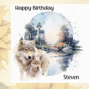 Wölfe im Winter-PERSONALISIERTE Geburtstagskarte-Coyote-Lakeside Wolf Szene-Unisex Wolf Karte-Natur-Tier Geburtstag-Soft Fokus Bild-Wolf und Jungtier
