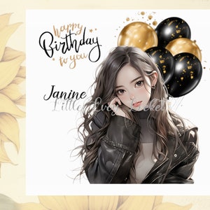ANIME Mädchen Geburtstagskarte-PERSONALISIERT-Lederjacke-Manga-Kawaii-Stil-Japanime-Weibliche Karte-Karikatur-Teenager Geburtstag-Tochter-Bester Freund