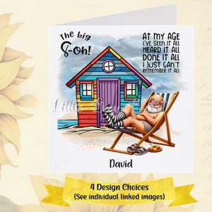 80er Geburtstagskarte-4 Design Auswahl-PERSONALISIERT-Spaß Strand Thema Achtzigste Karte für Ihn-Male 80er Jahre Humor Karte-Witz 80er Geburtstag Papa-Grandad