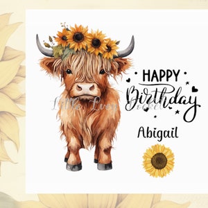 Carte d'anniversaire VACHE-personnalisé-veau des Highlands avec tournesols-aquarelle veau-animal floral carte-carte d'anniversaire vache des Highlands-bovin