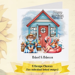 Tarjeta de Jubilación - PERSONALIZADA - 4 Diseños - Tarjeta de Jubilación para Pareja - Escena de Playa - Tarjeta de Jubilación Divertida para Él y Ella - Jubilación para Parejas Mayores