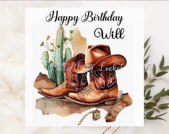 Cartão de aniversário estilo faroeste-PERSONALIZADO-Botas e chapéu de cowboy-CACTUS-Cartão de aniversário para ele-Cartão de aniversário de COWBOY-Cartão de rodeio-Aniversário do Velho Oeste