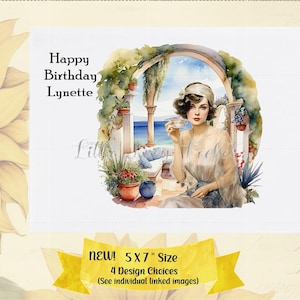 Carte d'anniversaire ART déco-personnalisée-4 Design au choix-années 20 folles-jardin avec dame des années 1920-nouvelle 5 x 7 taille-élégante femme anniversaire-méditerranéen