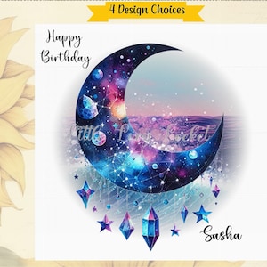 4 opciones de diseño: LUNA y estrellas, tarjeta de cumpleaños PERSONALIZADA, luna creciente CELESTIAL, tarjeta de cumpleaños lunar femenina, espiritual, luna azul, tarjeta de ángel