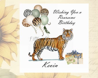 Gepersonaliseerde verjaardagskaart met tijgerprint - Fijne verjaardag! - Tijger met cadeautjes en ballonnen met dierenprint - Unisex verjaardagskaart - Tijgerkaart - Grote kat
