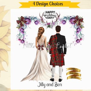 SCHOTTISCHE Hochzeitskarte-PERSONALISIERT-Braut/Bräutigam im KILT-4 Designs-Highland Hochzeit-Mr & Mrs-Glückwünsche-Gälisch-Caledonian-Tartan-Disteln