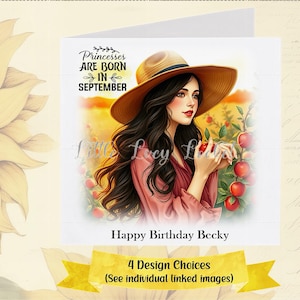 SEPTEMBER Birthday Card-PERSONALISED-Pretty Girl in Apple Orchard-Harvest Time Birthday-Autumn Birthday Card-Daughter-Granddaughter-Sister