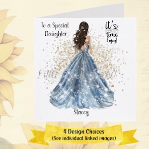 Tarjeta de graduación personalizada, 4 diseños a elegir, para hija, de cabello oscuro, con vestido azul o crema, para fiesta de fin de curso y para ella.