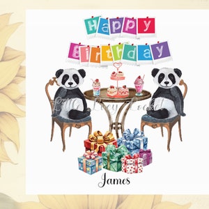 Carte d'anniversaire PANDAS-personnalisée-Panda Tea Party-Animale carte d'anniversaire-unisexe-Panda géant-Tea de l'après-midi-Anniversaire thé-bannière-cadeaux-ours