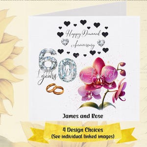 DIAMOND Wedding Anniversary Card-PERSONALISED-4 Design Choices-60th Anniversary-Diamond Wedding-Orchids-60 Years-Floral Anniversary Card