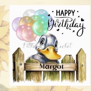 DUCK Birthday Card-PERSONALISED-Peeking Duck Card-Watercolour Cute Duck-Colourful Balloons-Duck Peeking Over Gate-Unisex Duck Birthday Card