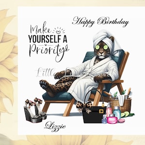 Carte d'anniversaire LÉOPARD-personnalisé-SPA jour carte léopard-soins personnels grand félin-santé ferme-sac et chaussures-détente-femme anniversaire-chat tacheté carte
