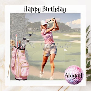 Female GOLFER Birthday Card-PERSONALISED-Muted Golf Course Background-Female Golfer in Pink-GOLF Bag-Golf Ball with Name-Card for Golfer