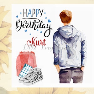 Teenager Geburtstag-Personalisierte Geburtstagskarte für Ihn-TEENAGER-Rucksack, Turnschuhe & Handy-Aquarell Bild-Junge / Junge Mann / Männliche Karte