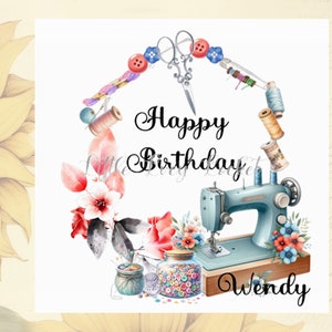 Tarjeta de cumpleaños con temática de costura personalizada, para mujer, con máquina de coser, con bordado, con carretes de algodón y alfileres.
