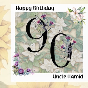 90er Geburtstagskarte-PERSONALISIERT-Arabische Jasmin-Distel-Ungewöhnliche Neunziger Jahre-Nonagenrian-Unisex-Neunziger Jahre Alt-Happy 90th-Floral 90th