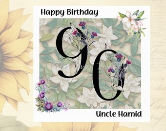 90th Birthday Card-PERSONALISED-Arabian Jasmine-Thistle-Unusual Ninetieth-Nonagenarian-Unisex-Ninety-90 Years Old-Happy 90th-Floral 90th