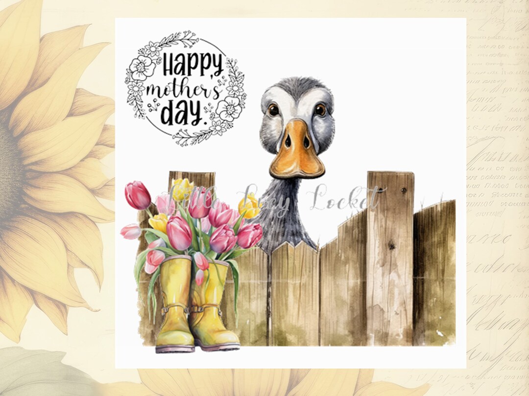 DUCK Mother's Day Cardpeeking Duck at Fenceyellow Floral Bootstulips