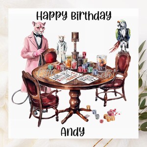 ポーカーをプレイするパンサー、ネズミ、オウムの誕生日カード - パーソナライズ - パンサー、ネズミ、オウムのトランプ - ユニセックスカード - カードゲーム - 動物の誕生日カード