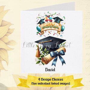 GRADUATION Card-4 Design Choices-PERSONALISED-Unisex Graduation Card-Mortar Board & Scroll-Congratulations Graduate-Hat with Certificate