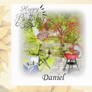 Carte d'anniversaire personnalisée barbecue et bière - carte d'anniversaire pour homme - aquarelle barbecue - carte d'anniversaire pour homme avec nom - carte d'anniversaire personnalisée pour lui