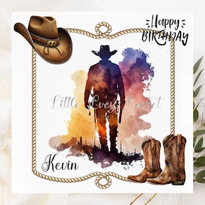 Cowboy with Boots & Hat Birthday Card-PERSONALISED-Watercolour Image-Western-Style Birthday Card-COWBOY--Wild West Card for Him-Named Card