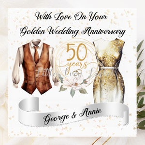 Carte d'anniversaire de mariage dorée-personnalisée-50e anniversaire de mariage-cinquantième mariage-mariage d'or-ses tenues-anniversaire de mariage
