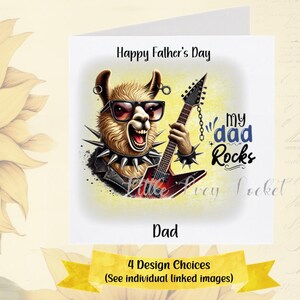 Carte pour la fête des pères, papa ROCK, 4 choix de conception, personnalisé, animal, carte pour la fête des pères rock star, thème musical, tigre, lama, raton laveur, renard, fête des pères