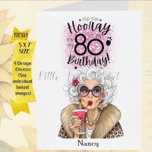 Tarjeta de 80 cumpleaños - PERSONALIZADA - Mujer - 4 diseños a elegir - Tamaño 12,7 x 18,8 cm - Divertida tarjeta de edad - Ingeniosa - Octogenaria - 80 años - Abuela