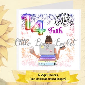Personalised Age Birthday Card: Laptop Computer Girl with Rainbow Foil Age, Printed Sparkle