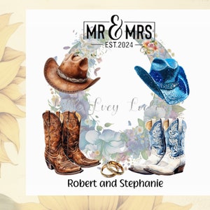 COWBOY Boots Hochzeitskarte-PERSONALISIERT-Braut/Bräutigam-Wilder Westen-Rancher-Braun/Blaues Thema-Hut-Mr & Mrs-Ehe-Line Dancing-Hufeisen-Floral