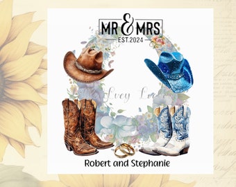 Carte de mariage bottines COWBOY-personnalisée-mariée-mariée-Wild West-éleveur-marron/bleu-chapeau à thème-Mr et Mme-mariage-ligne de danse-fer à cheval-floral